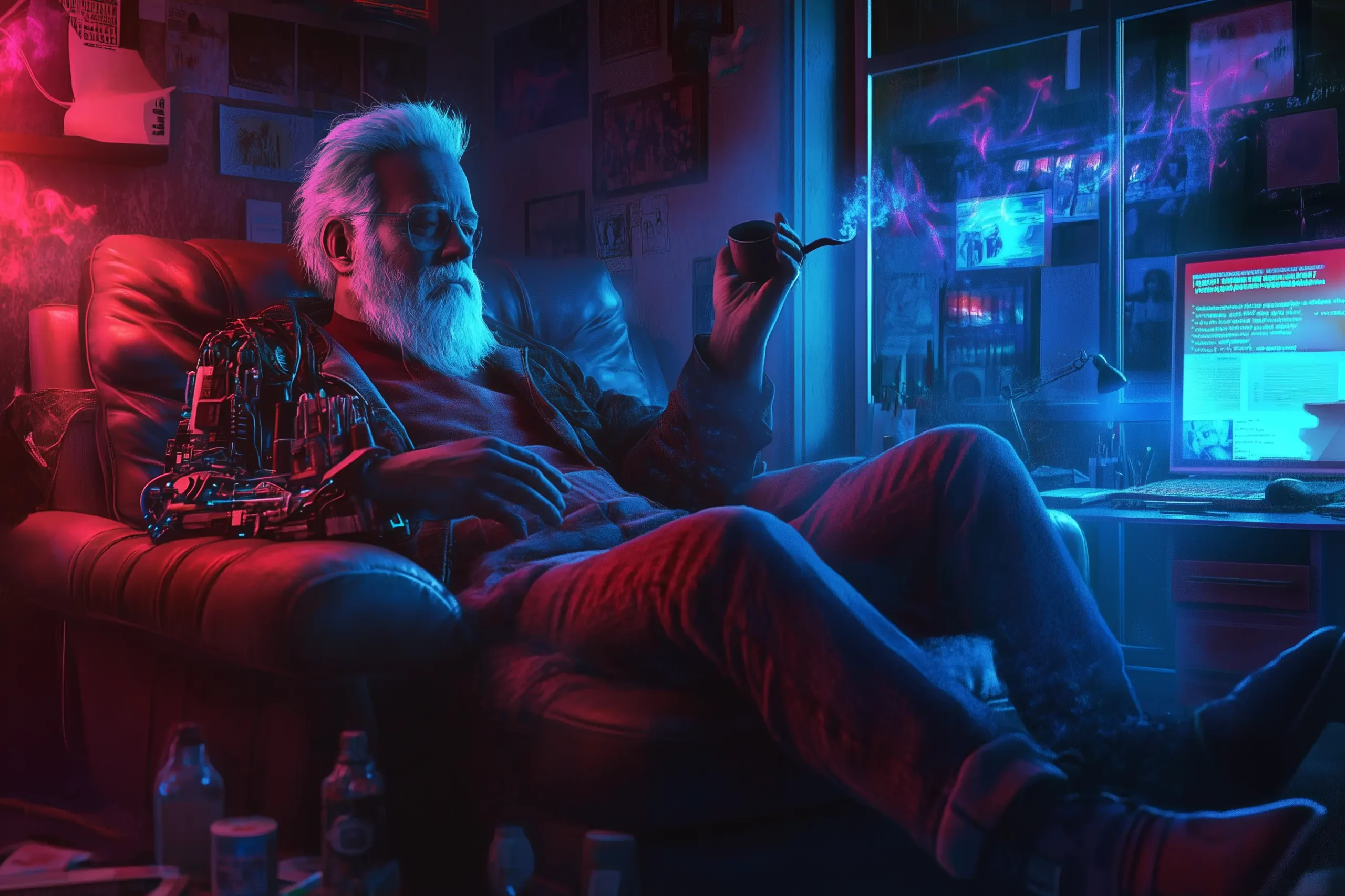 A robotic version of Sigmund Freud sitting in a classic leather therapist's chair, holding a notebook, facing a modern person lying on a therapy couch